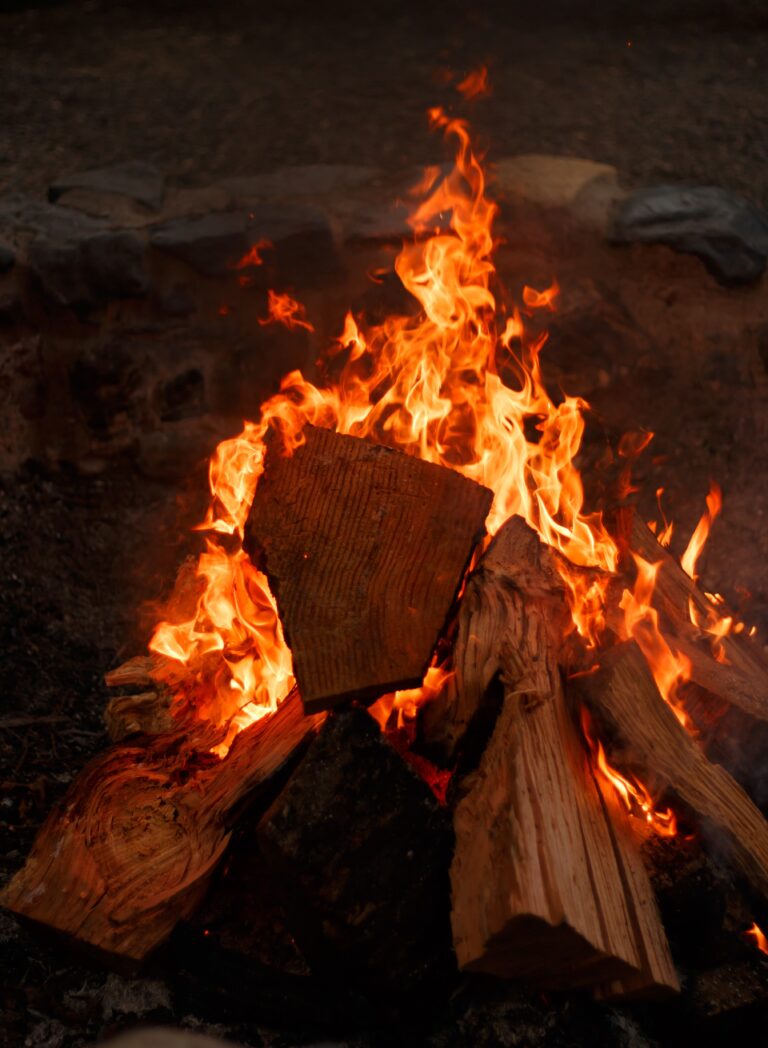 A vertical closeup shot of a bonfire with a beautiful orange flame
